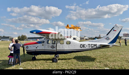 A show of original historical planes and their replicas could be seen at the 9th Letnany Airport Day in Prague, Czech Republic, on September 8, 2018, held on the occasion of the 100th anniversary of the foundation of the Czechoslovak air force and the 60th anniversary of the production of the Blanik glider. In the afternoon, acrobatic pilot Roman Kramarik (left), the first Czech to fly around the world in a small Cessna P210N plane, landed at the Letnany Airport, ending his mission that started at the Tocna airfield on the outskirts of Prague on July 25. (CTK Photo/Vit Simanek) Stock Photo