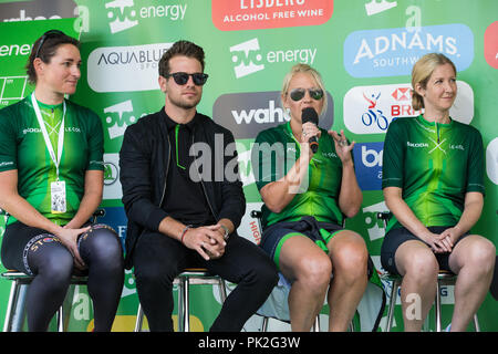 London, UK. 9th September, 2018. Mixed doubles badminton Olympic silver medallist Gail Emms is interviewed with Dame Sarah Storey, Adam Blythe and Polly Burge before the 77km London Stage (Stage 8) of the OVO Energy Tour of Britain cycle race. Credit: Mark Kerrison/Alamy Live News Stock Photo