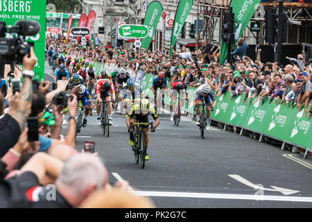 London, UK. 9th September, 2018. Mitchelton-SCOTT’s Caleb Ewan wins the 8th and final stage of the OVO Energy Tour of Britain cycle race. Credit: Mark Kerrison/Alamy Live News Stock Photo