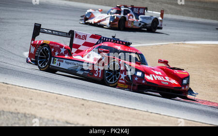 Monterey, CA, USA. 09th Sep, 2018. A. # 31 Drivers Felipe Nasr/Eric Curran fights for 4th place coming out of turn 2 during the American's Tire 250 Race for the IMSA Weathertech Sport Car Championship at Weathertech Raceway Laguna Seca Monterey, CA Thurman James/CSM/Alamy Live News Stock Photo