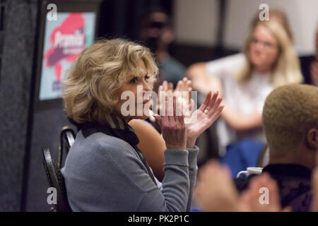 Seattle, Washington, USA. 10th September, 2018. Pramila Jayapal hosts her second annual Build Our America event to honor trailblazers and support her re-election campaign. This year’s special guest is political activist and acting legend Jane Fonda. Also in attendance are Seattle City Council member Teresa Mosqueda, Burien mayor Jimmy Matta, activist Aneelah Afzali and Seattle youth poet laureate Maven Gardner. Credit: Paul Christian Gordon/Alamy Live News Stock Photo