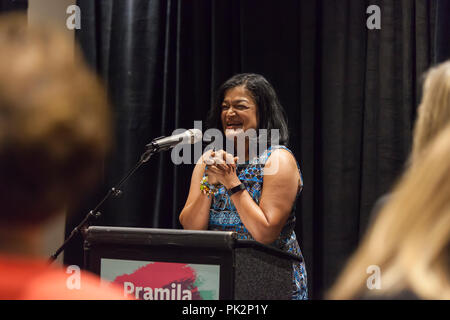 Seattle, Washington, USA. 10th September, 2018. Pramila Jayapal hosts her second annual Build Our America event to honor trailblazers and support her re-election campaign. This year’s special guest is political activist and acting legend Jane Fonda. Also in attendance are Seattle City Council member Teresa Mosqueda, Burien mayor Jimmy Matta, activist Aneelah Afzali and Seattle youth poet laureate Maven Gardner. Credit: Paul Christian Gordon/Alamy Live News Stock Photo