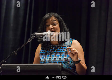 Seattle, Washington, USA. 10th September, 2018. Pramila Jayapal hosts her second annual Build Our America event to honor trailblazers and support her re-election campaign. This year’s special guest is political activist and acting legend Jane Fonda. Also in attendance are Seattle City Council member Teresa Mosqueda, Burien mayor Jimmy Matta, activist Aneelah Afzali and Seattle youth poet laureate Maven Gardner. Credit: Paul Christian Gordon/Alamy Live News Stock Photo