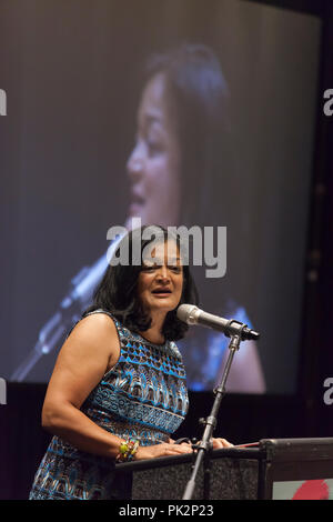 Seattle, Washington, USA. 10th September, 2018. Pramila Jayapal hosts her second annual Build Our America event to honor trailblazers and support her re-election campaign. This year’s special guest is political activist and acting legend Jane Fonda. Also in attendance are Seattle City Council member Teresa Mosqueda, Burien mayor Jimmy Matta, activist Aneelah Afzali and Seattle youth poet laureate Maven Gardner. Credit: Paul Christian Gordon/Alamy Live News Stock Photo