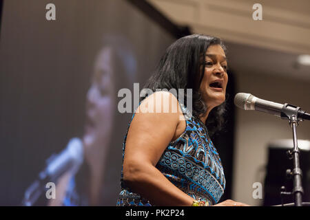 Seattle, Washington, USA. 10th September, 2018. Pramila Jayapal hosts her second annual Build Our America event to honor trailblazers and support her re-election campaign. This year’s special guest is political activist and acting legend Jane Fonda. Also in attendance are Seattle City Council member Teresa Mosqueda, Burien mayor Jimmy Matta, activist Aneelah Afzali and Seattle youth poet laureate Maven Gardner. Credit: Paul Christian Gordon/Alamy Live News Stock Photo