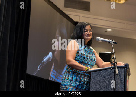 Seattle, Washington, USA. 10th September, 2018. Pramila Jayapal hosts her second annual Build Our America event to honor trailblazers and support her re-election campaign. This year’s special guest is political activist and acting legend Jane Fonda. Also in attendance are Seattle City Council member Teresa Mosqueda, Burien mayor Jimmy Matta, activist Aneelah Afzali and Seattle youth poet laureate Maven Gardner. Credit: Paul Christian Gordon/Alamy Live News Stock Photo