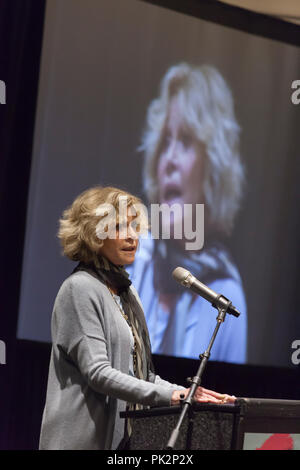 Seattle, Washington, USA. 10th September, 2018. Pramila Jayapal hosts her second annual Build Our America event to honor trailblazers and support her re-election campaign. This year’s special guest is political activist and acting legend Jane Fonda. Also in attendance are Seattle City Council member Teresa Mosqueda, Burien mayor Jimmy Matta, activist Aneelah Afzali and Seattle youth poet laureate Maven Gardner. Credit: Paul Christian Gordon/Alamy Live News Stock Photo