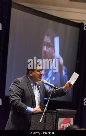 Seattle, Washington, USA. 10th September, 2018. Pramila Jayapal hosts her second annual Build Our America event to honor trailblazers and support her re-election campaign. This year’s special guest is political activist and acting legend Jane Fonda. Also in attendance are Seattle City Council member Teresa Mosqueda, Burien mayor Jimmy Matta, activist Aneelah Afzali and Seattle youth poet laureate Maven Gardner. Credit: Paul Christian Gordon/Alamy Live News Stock Photo