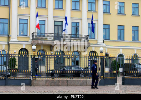 Helsinki, Finland. August 30, 2018. View to the Presidential Palace, Helsinki, Finland during the visit of French President Emmanuel Macron. Stock Photo