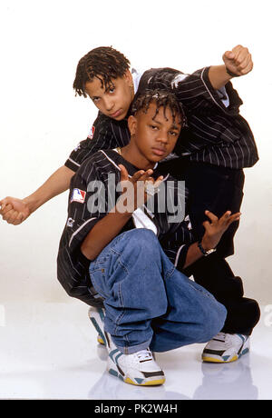 US Rap duo Kris Kross on 29 June 1992 in Munich - Germany. The young boys Chris 'Mack Daddy' Kelly and Chris 'Daddy Mack' Smith where best known for their song 'Jump' and for wearing their clothing backwards. | usage worldwide Stock Photo