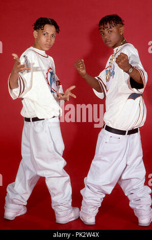 US Rap duo Kris Kross on 12 May 1992 in Munich - Germany. The young boys Chris 'Mack Daddy' Kelly and Chris 'Daddy Mack' Smith where best known for their song 'Jump' and for wearing their clothing backwards. | usage worldwide Stock Photo