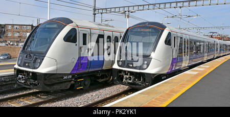 Elizabeth Line front of Transport for London Crossrail public transport commuter passenger trains at Shenfield station stopping all stations to London Stock Photo