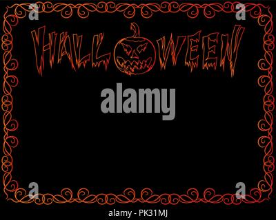 Halloween Cards with bright orange with terrible letters and ominous pumpkin and decorative frame on the black background, vector hand drawing Stock Vector