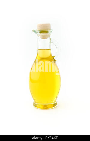 Extra virgin olive oil in a beautiful glass bottle on white background. Stock Photo