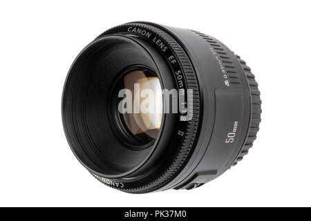 Varna, Bulgaria - February 02, 2018: Canon 50 mm f/1.8 II lens isolated on white. The most popular of the inexpensive camera lenses. Stock Photo