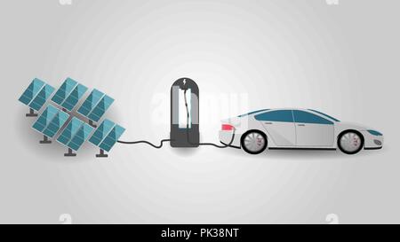 Electric Car Charging at the Charger Station Using Rrenewable Energy. Electromobility e-motion and renewable energy concept. Stock Vector