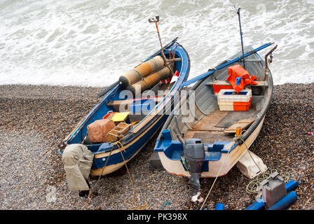 Two fishing boats on a shingle beach Stock Photo