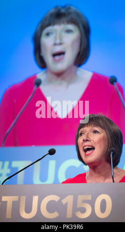 TUC General secretary Frances O'Grady, who said Theresa May had promised to help so-called just about managing families when she entered Downing Street, addresses the TUC Congress in Manchester. Stock Photo