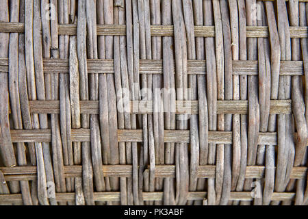 Close-up surface of an aged wicker basket made from willow twigs, side view, texture for background. Stock Photo