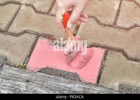 House painter applies pink paint on stone blocks of a garden path, using a paint brush, the worker's hand close up. Stock Photo
