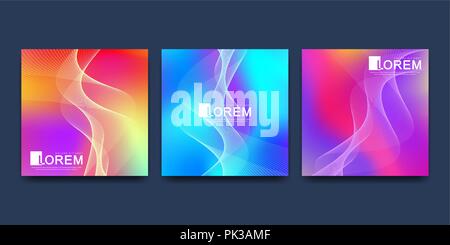 Modern vector template for brochure, cover, banner. Abstract fluid 3d shapes vector trendy liquid colors backgrounds set with colored dynamic waves, lines, particles Stock Vector