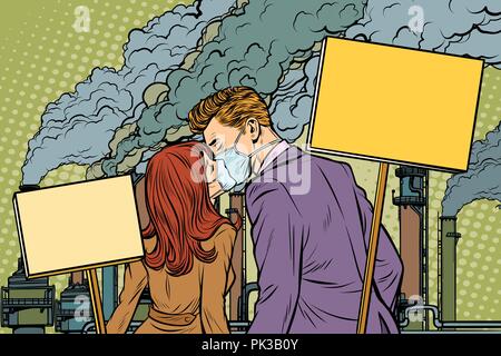 A couple of man and woman protesting against air pollution facto Stock Vector