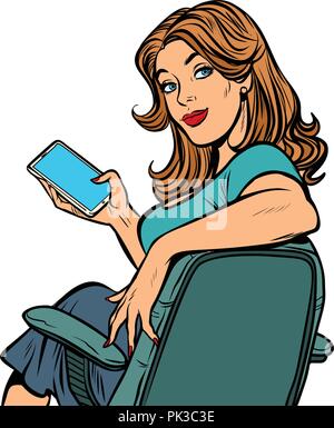 pop art Businesswoman in the chair with a smartphone Stock Vector