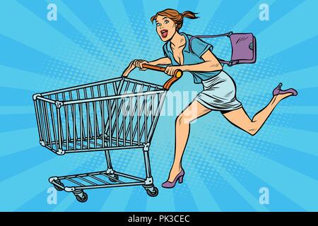 pop art Woman running with shopping cart Stock Vector