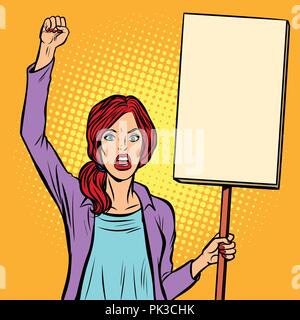 pop art Woman protesting with a poster. Political activist at th Stock Vector