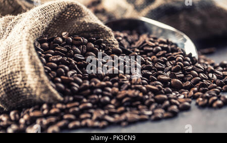 Close-up fresh roasted coffee beans in bag. Stock Photo