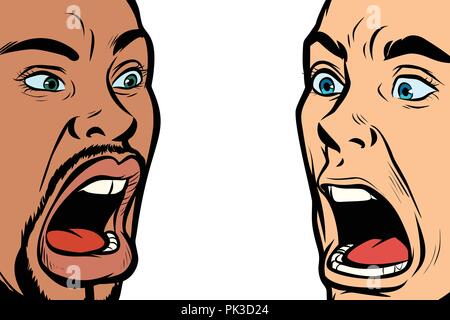 man scream face. African and Caucasian people Stock Vector