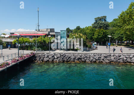 View of passenger terminal in Lausanne Ouchy port, Switzerland on Lake Leman (Geneva Lake) on sunny summer day Stock Photo