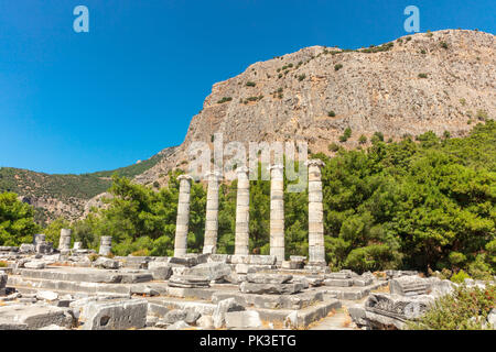 Ruins of the Athena Temple in ancient city of Priene destroyed by an earthquake. Stock Photo