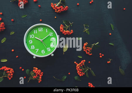 Plastic green alarm clock on dark wooden background, flat lay top view minimal composition with retro wild berry fruit arrangement Stock Photo
