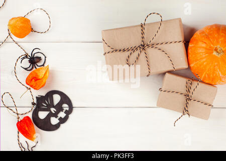 Halloween holiday background with pumpkin and holiday background. View from above Stock Photo