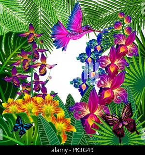 Floral design background. Tropical orchid flowers, birds and butterflies. Stock Vector