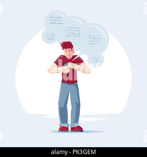 Young man looking smart phone and chatting in social networking and texting to friends. Stock Vector