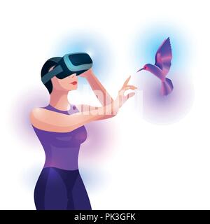 Woman experiencing virtual reality and touching virtual bird. Vector illustration. Stock Vector