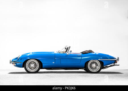 Colourful Jaguar E-Type, classic car Stock Photo