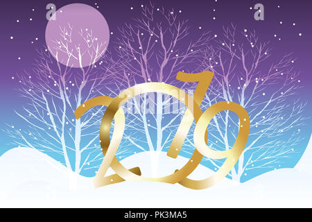 Illustration of golden 3D 2019 night with silent winter landscape, moon and snowflakes Stock Photo