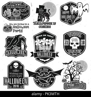 Halloween vintage badges, emblems or labels. Vector illustration. Invited to a Halloween party with bat, ghost, skull and pumpkin. For print on t shir Stock Vector