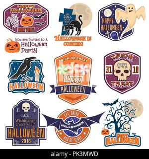 Halloween vintage badges, emblems or labels. Vector illustration. Invited to a Halloween party with bat, ghost, skull and pumpkin. For print on t shir Stock Vector