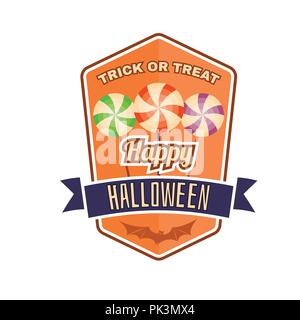 Halloween vintage badge, emblem or label. Vector illustration. Invited to a Halloween party with candy. For print on t shirt, tee, card, invitation, t Stock Vector