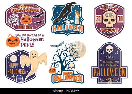 Halloween vintage badges, emblems or labels. Vector illustration. Invited to a Halloween party with bat, ghost, skull and pumpkin. For print on t shir Stock Vector