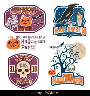 Halloween vintage badges, emblems or labels. Vector illustration. Invited to a Halloween party with bat, ghost, skull and pumpkin. For print on t shir Stock Vector