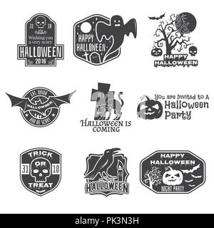 Halloween vintage badges, emblems or labels. Vector illustration. Invited to a Halloween party with bat, ghost, skull and pumpkin. For print on t shir Stock Vector