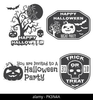 Halloween vintage badges, emblems or labels. Vector illustration. Invited to a Halloween party with bat, ghost, skull and pumpkin. For print on t shir Stock Vector