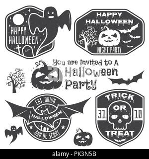 Halloween vintage badges, emblems or labels. Vector illustration. Invited to a Halloween party with bat, ghost, skull and pumpkin. For print on t shir Stock Vector