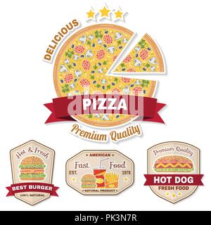 Vintage fast food badge, banner or logo emblem. Elements on the theme of the fast food business. Hamburger, pizza, hot dog, cola, french fries design, Stock Vector