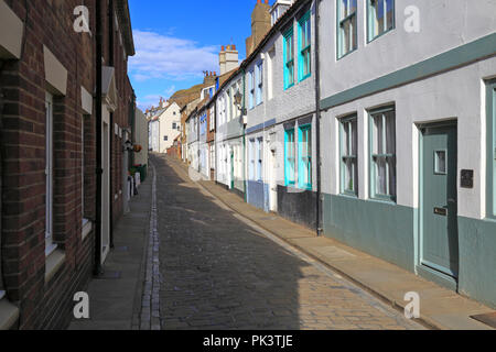 Holiday cottages on cobbled Henrietta Street, Whitby, North Yorkshire, England, UK. Stock Photo